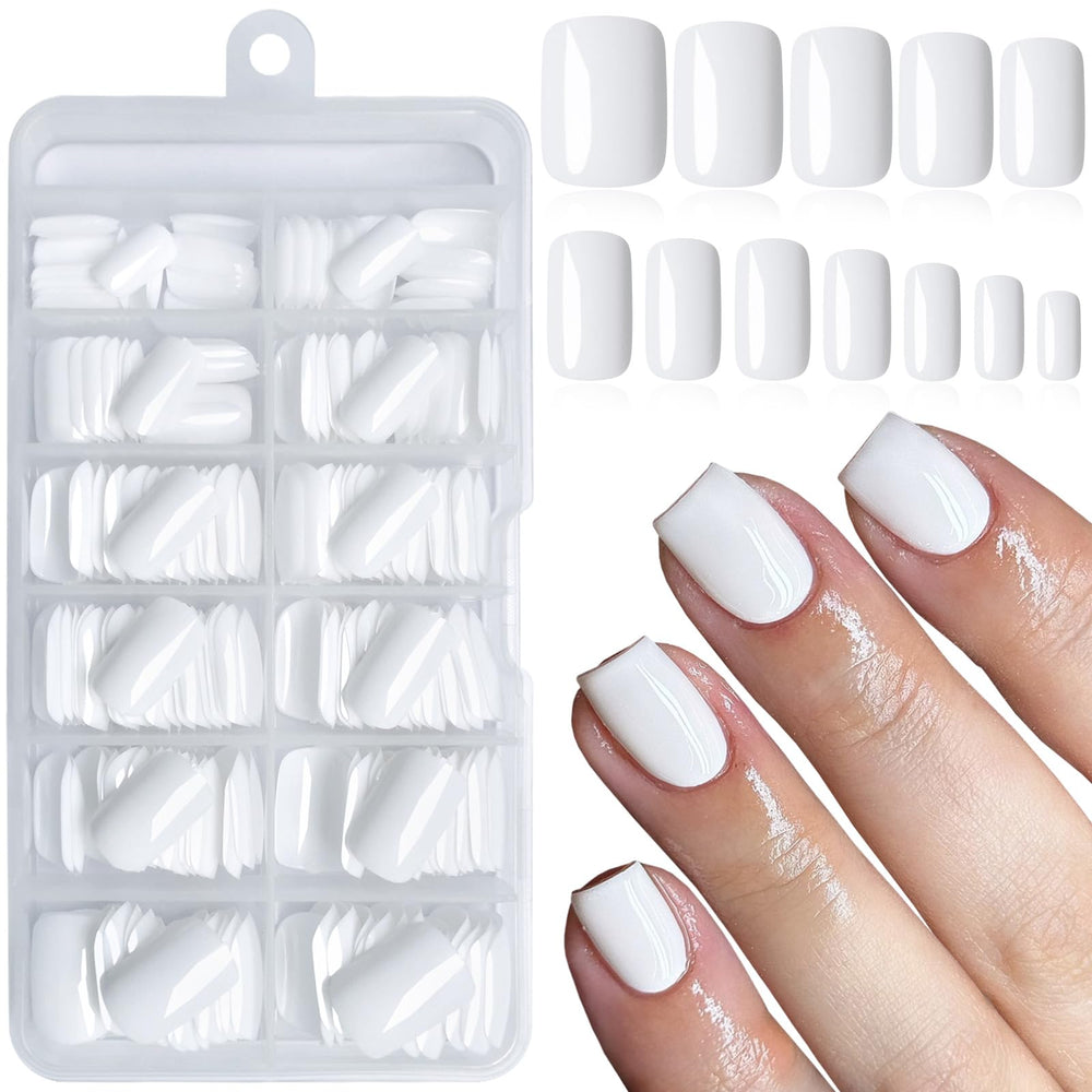 LoveOurHome uñas postizas blancas cortas cuadradas con pegamento para manicura rápida