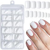LoveOurHome uñas postizas blancas cortas cuadradas con pegamento para manicura rápida
