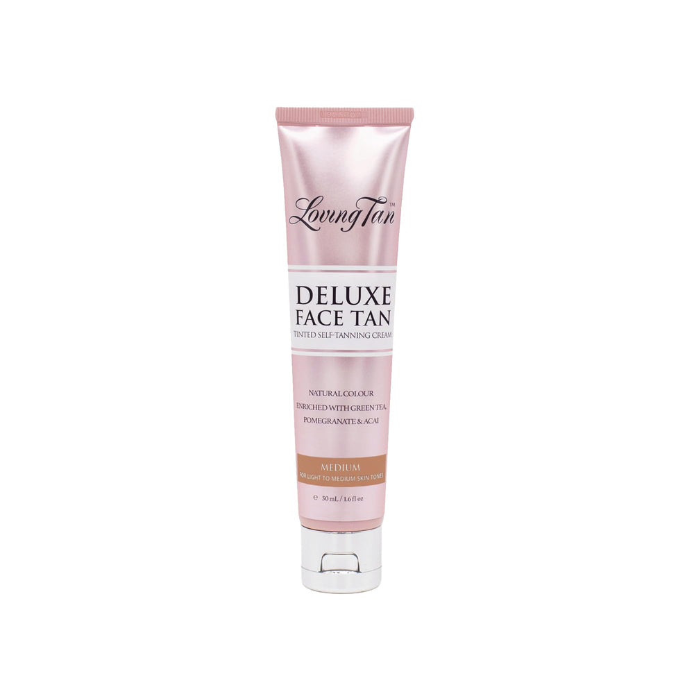 Loving Tan Autobronceador Facial Deluxe mediano para rostro, tono natural y uniforme.