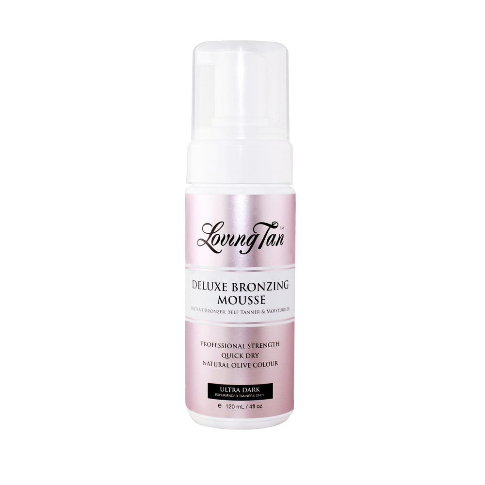 Loving Tan Deluxe Mousse, botella, bronceado saludable y uniforme.