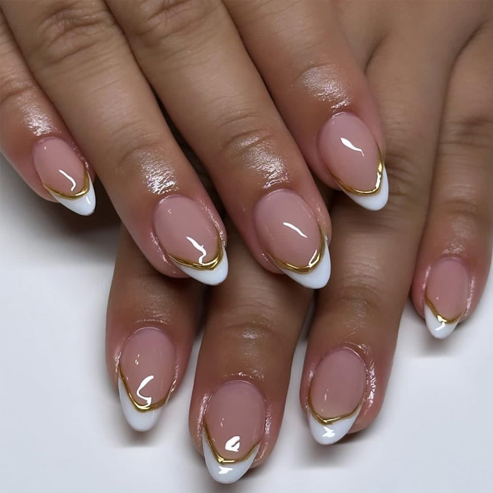 LRKNNO únas artificiales almendra frances blanco con línea dorada para look elegante