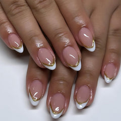 LRKNNO únas artificiales almendra frances blanco con línea dorada para look elegante