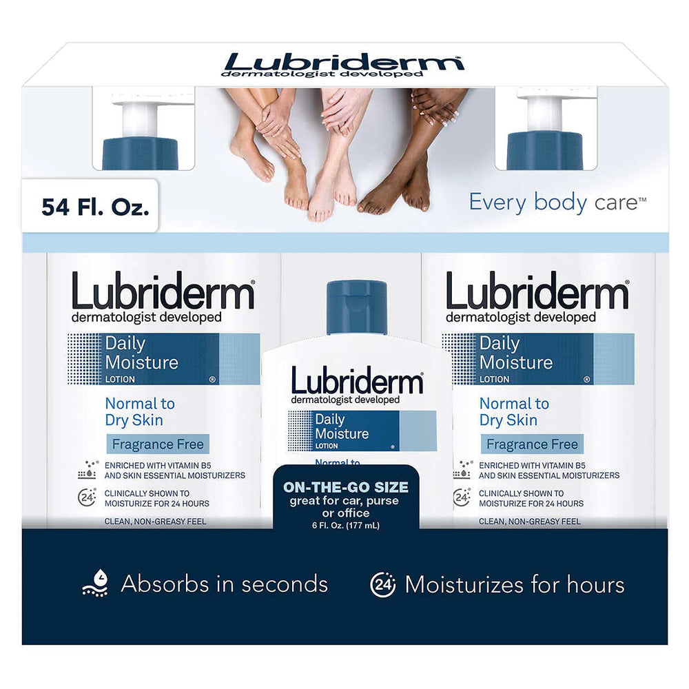 Lubriderm lotion hydratante quotidienne sans parfum, application pratique et hydratation légère.