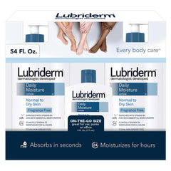 Lubriderm lotion hydratante quotidienne sans parfum, application pratique et hydratation légère.