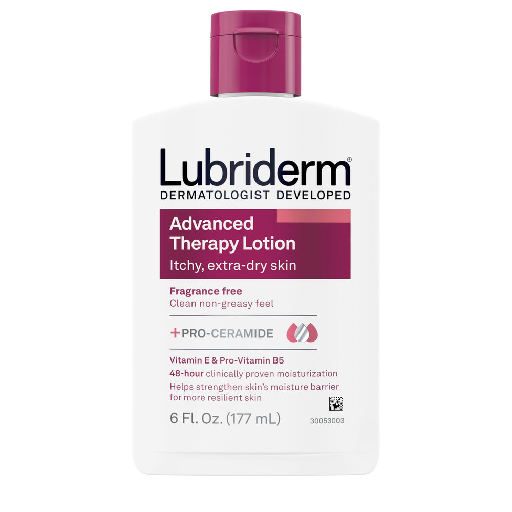 Lubriderm Terapia Avanzada sin fragancia, botella visible y hidratación suave para piel sensible.