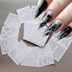 Lukmexor stickers uñas arte floral 3D plateado, aporta profundidad y brillo.