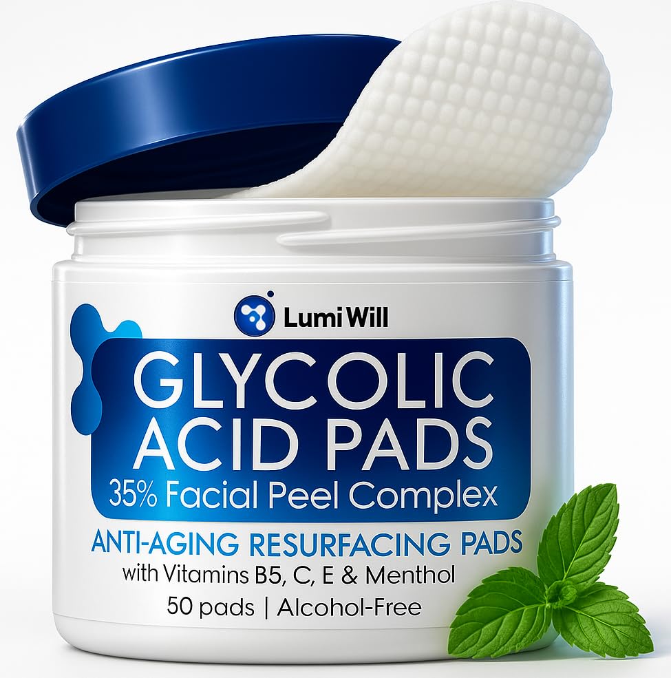 LUMI WILL almohadillas glicólico 35% empaque; exfoliación suave para tono uniforme.
