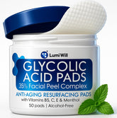 LUMI WILL almohadillas glicólico 35% empaque; exfoliación suave para tono uniforme.