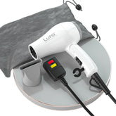 Secador de viaje plegable LURA visto de frente, ideal para viajes compactos.