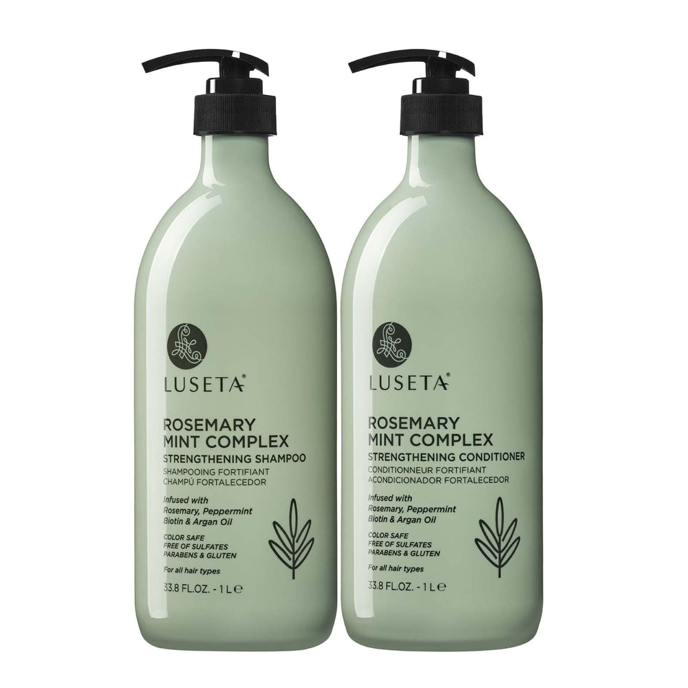 L LUSETA Rosemary Mint champú botella, enfoque en envase, aporta brillo y suavidad al cabello.