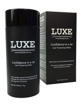 LUXE Professional Fibras Capilares en envase grande para cobertura rápida y natural.