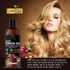 Luxura Sciences Aceite de Cebolla, aplicación al cabello, mejora la hidratación y control de frizz.
