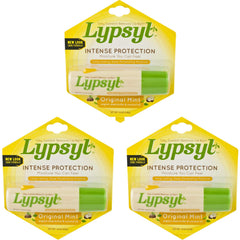 Lypsyl Intense Protection Original Mint lip balm 3-pack front view for minty hydration.