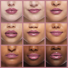 MAC Frost Lipstick Plum Dandy, muestra swatches en labios con acabado semi-lustroso.