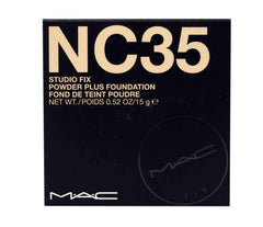MAC Studio Fix Polvo Base NC35 en botella, cobertura duradera y tono natural.