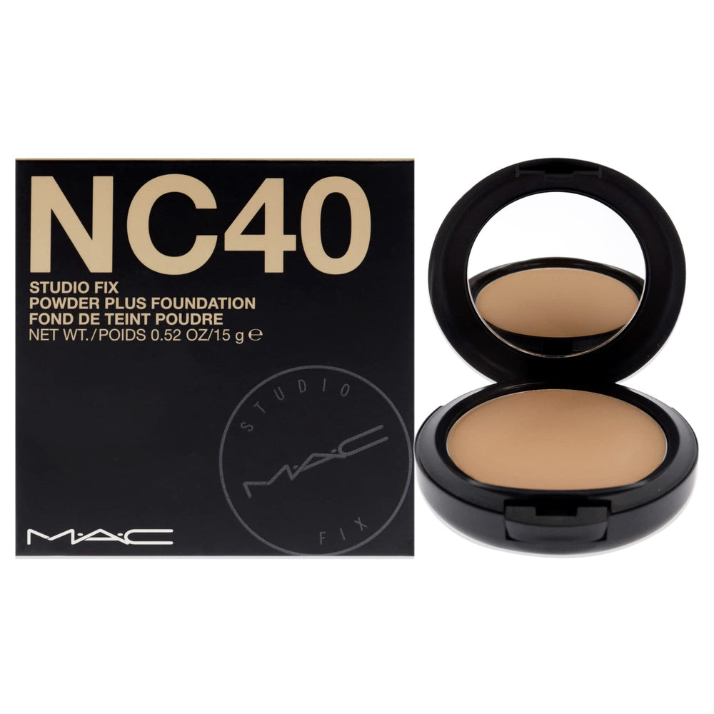 MAC Studio Fix Polvo Base NC40 en envase compacto para retoques diarios y rápidos.