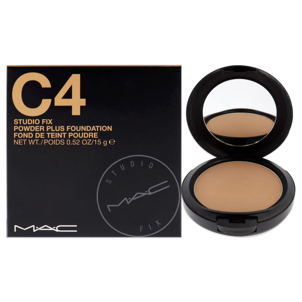 MAC Studio Fix Powder Plus Foundation C4, compacto abierto, acabado mate suave para piel uniforme.