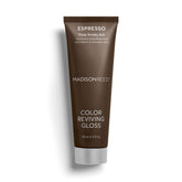 Madison Reed Brillo Revivificador de Color Espresso, botella derramando, realza tono castaño y brillo intenso