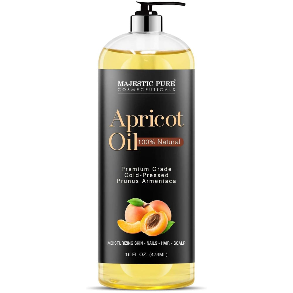 Majestic Pure Aceite de albaricoque, frasco visible, hidrata la piel suavemente.