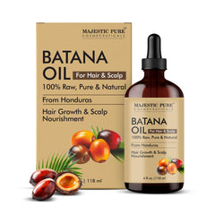 Majestic Pure Aceite de Batana derramando desde el bote para brillo natural.