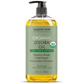 Majestic Pure Aceite de Jojoba Orgánico en botella para piel suave y nutrida.