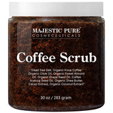 Majestic Pure Arabica Coffee Scrub en envase; exfolia suavemente para una piel más suave.