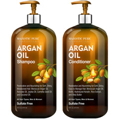 Majestic Pure Champú de Argán: botella visible, cabello suave y nutrido.