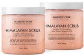 Majestic Pure exfoliante sal Himalaya lychee, frasco 2x10oz mostrando textura exfoliante para hidratación