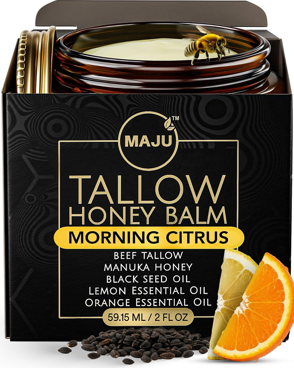 MaJu Tallow Honey Balm dans sa bouteille en verre ambré pour une conservation optimale.