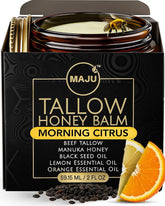 MaJu Tallow Honey Balm dans sa bouteille en verre ambré pour une conservation optimale.
