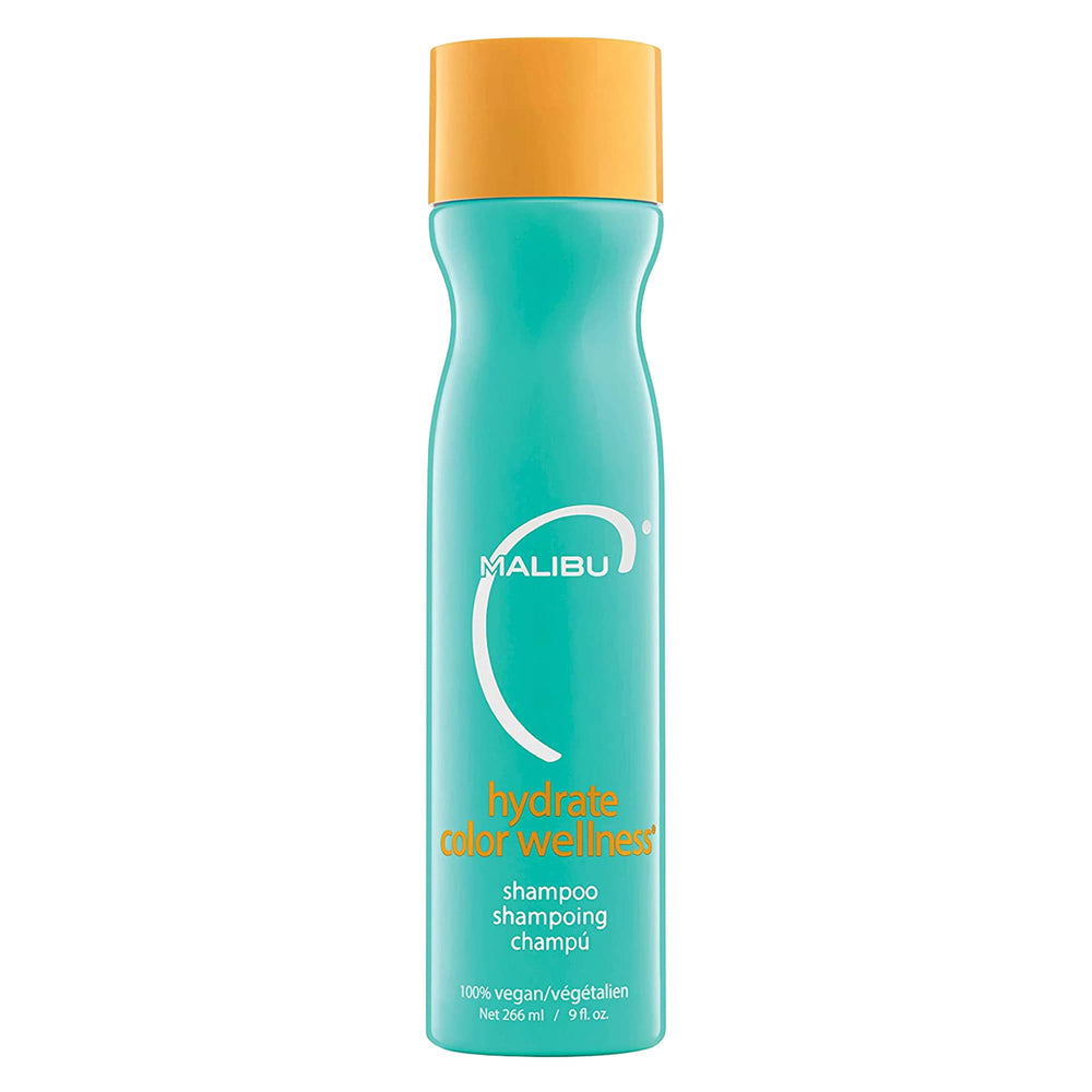 Malibu C Hydrate Color Wellness Shampoo, envase visible, hidratación y protección del color para cabello teñido.