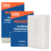 Mando Acidified Cleansing Bar packaging close-up for odor-control and skin safety.