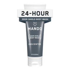 Mando Odor Shield Body Wash - botella fácil de usar para lavado diario y limpieza eficaz.