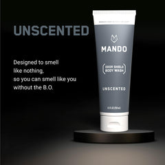 Mando Odor Shield Body Wash - enfoque en piel segura para áreas propensas al olor.
