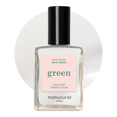 Manucurist Green Milky White bottle close-up, showcasing plant-based formula for a clean manicure.