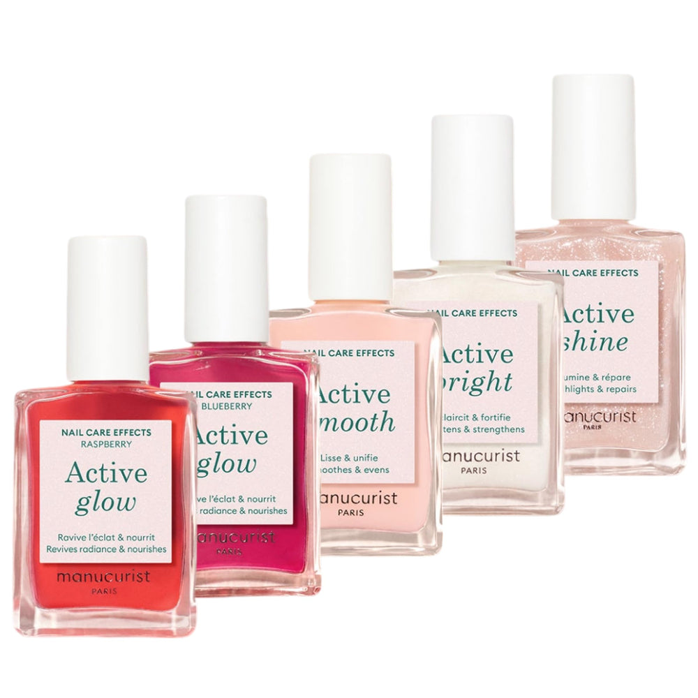Manucurist Rainbow Active Raspberry Glow, tono rosado suave que cuida uñas con color duradero.