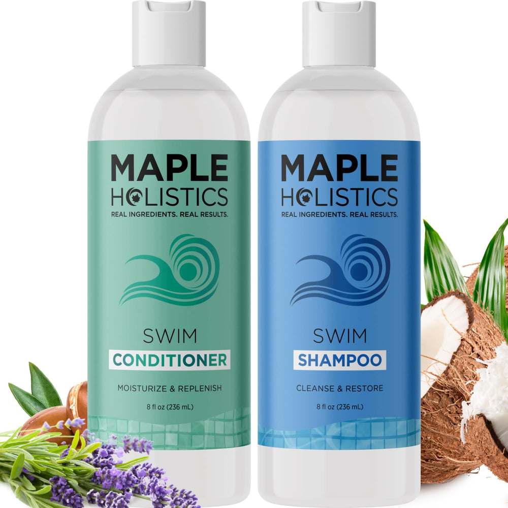 Maple Holistics after-swim shampoo bottle with pump soothing chlorine residue away.