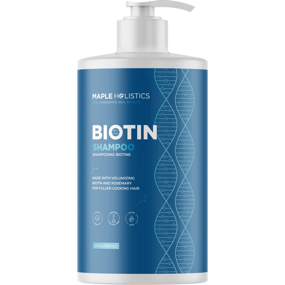 Champú Maple Holistics Romero Biotina, botella y aroma suave para cabello fino.