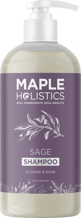 Maple Holistics Sage & Rosemary Shampoo bottle front, clarifying cleanse for scalp buildup.
