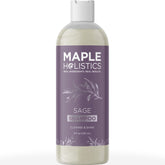 Maple Holistics Sage Rosemary Shampoo bottle on sink highlights clarifying scalp care.