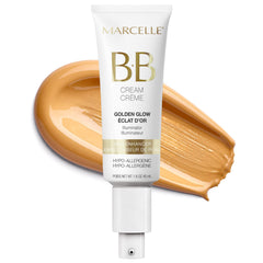 Marcelle BB Cream Golden Glow, botella elegante para acabado luminoso y natural.