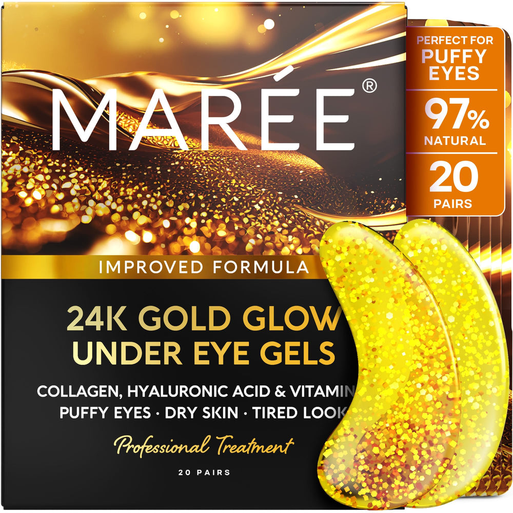 MAREE 24k Gold Glow under-eye gels in packaging, luxurious skincare visuals.