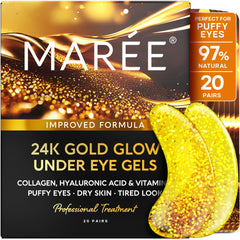 MAREE 24k Gold Glow under-eye gels in packaging, luxurious skincare visuals.
