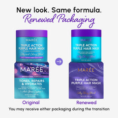 MAREE mascarilla morada para cabello rubio, frasco compacto para aplicación precisa.