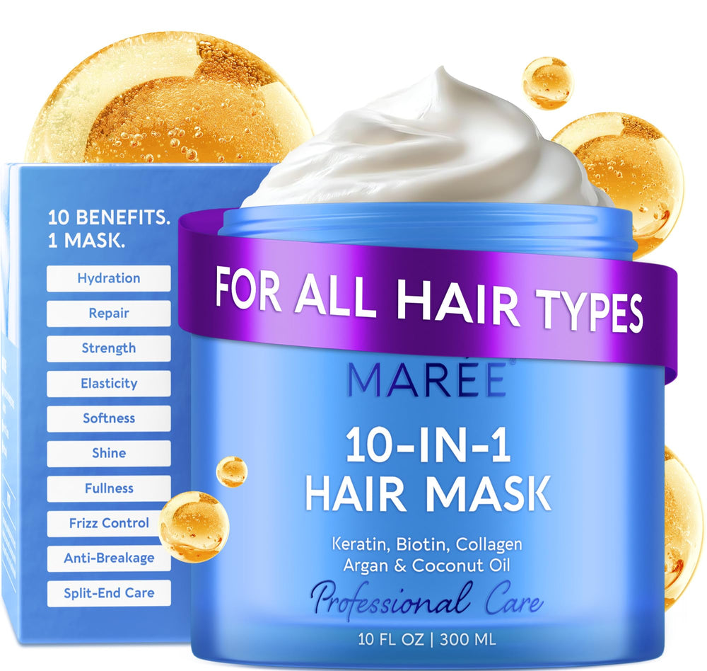 MAREE masque 10-en-1 sur bouteille pour cheveux hydratés et faciles à démêler.