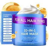 MAREE masque 10-en-1 sur bouteille pour cheveux hydratés et faciles à démêler.