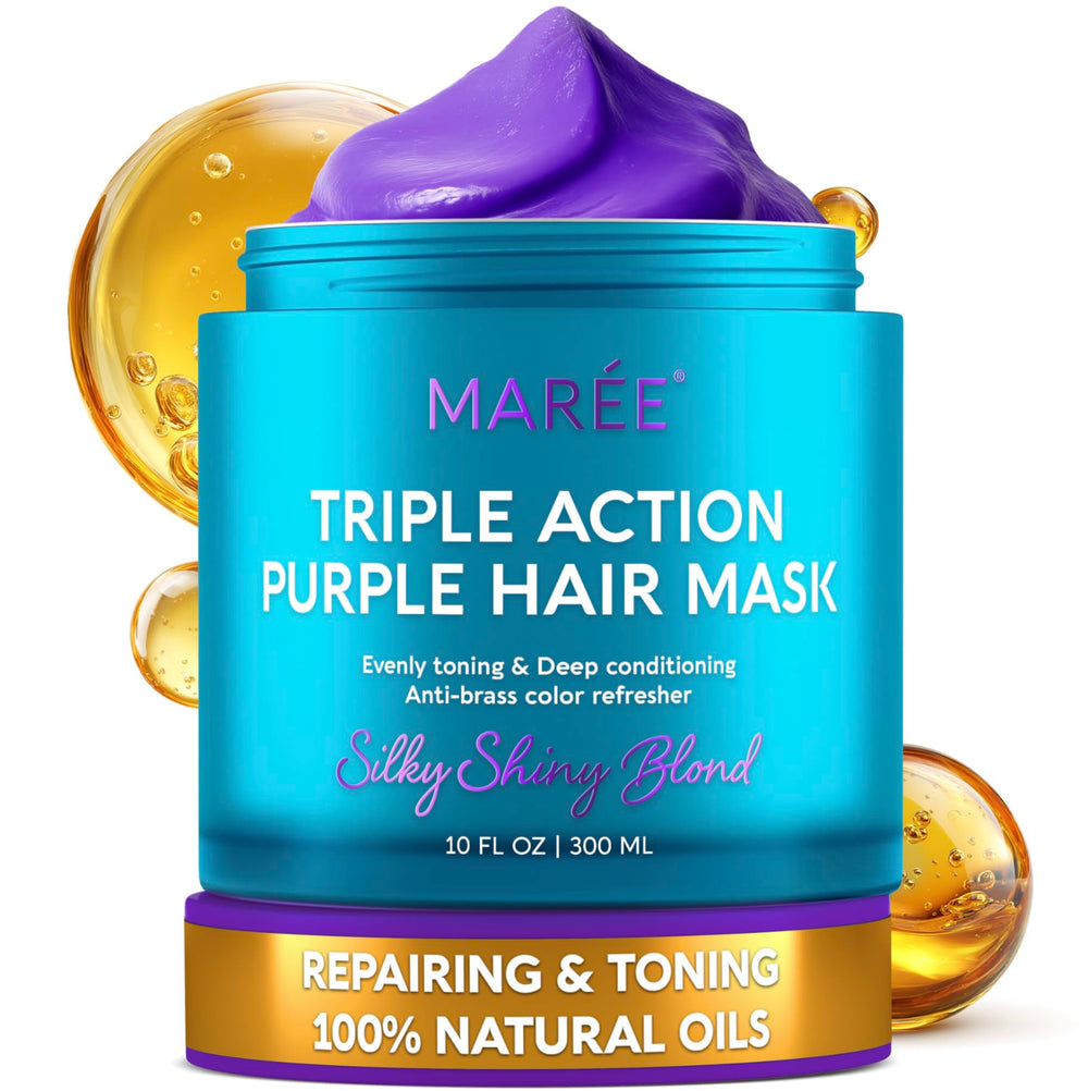 MAREE Masque violet en bouteille pour cheveux blonds brillants.