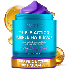 MAREE Masque violet en bouteille pour cheveux blonds brillants.