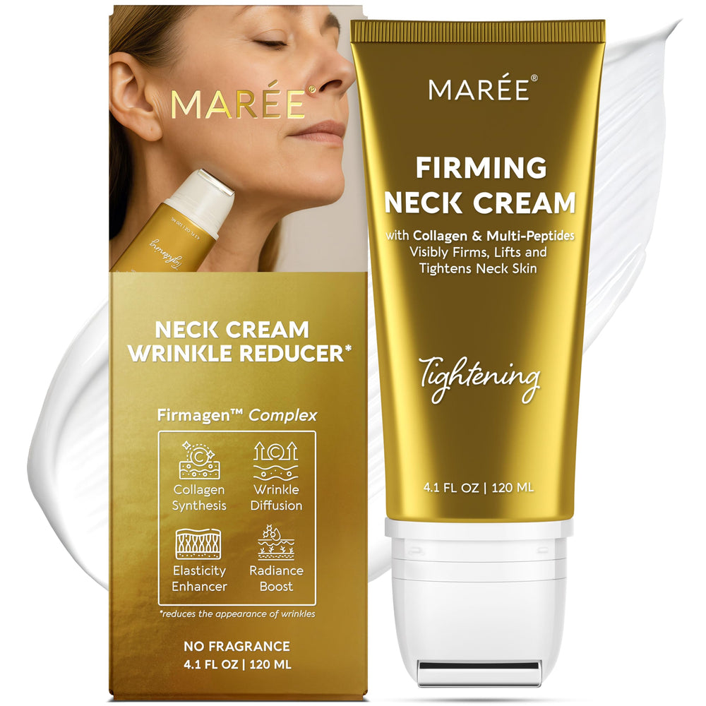 MAREE neck cream with roller packaging shows premium neck care for hydration