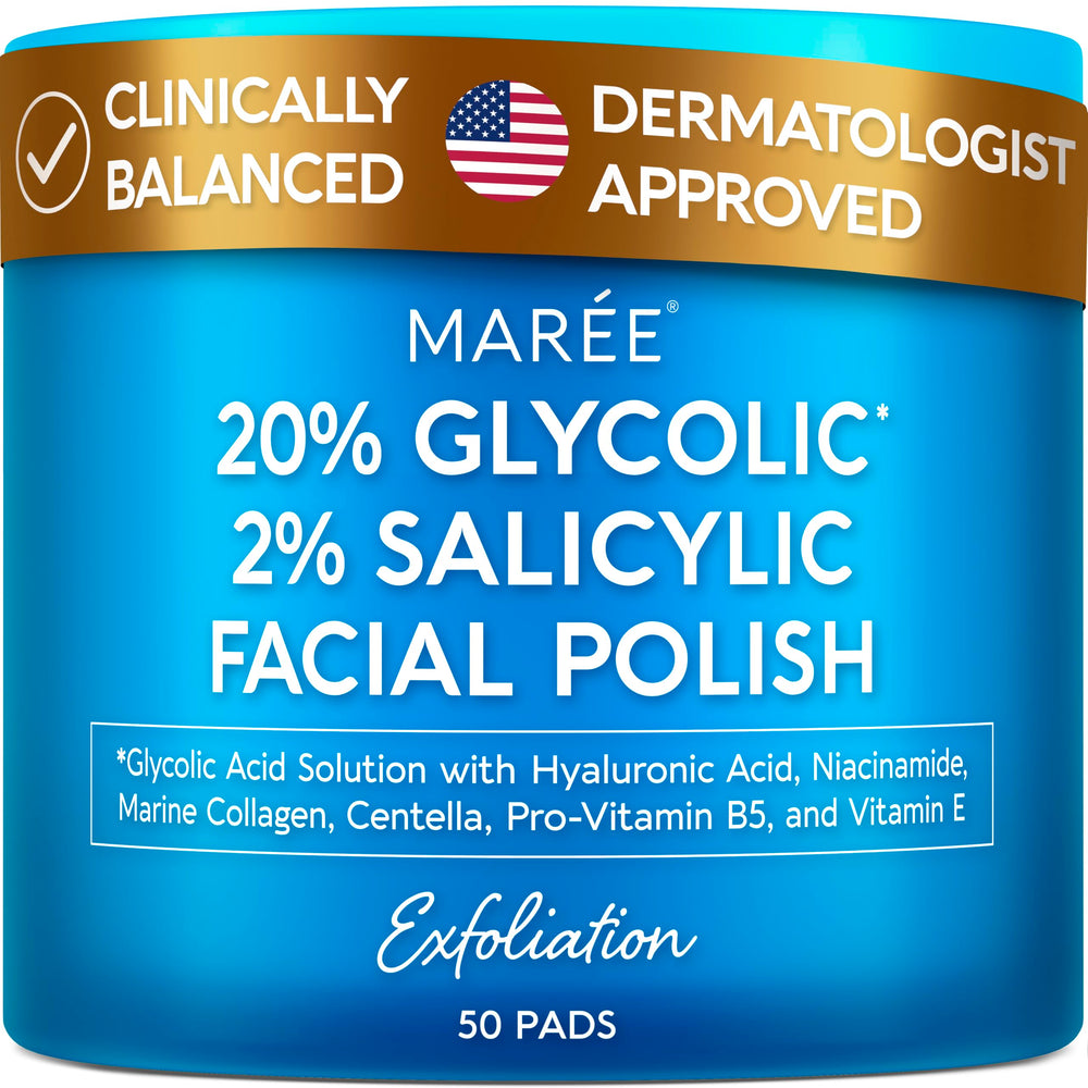 MAREE Pads con ácido glicólico 20% en empaque elegante para exfoliar suavemente.